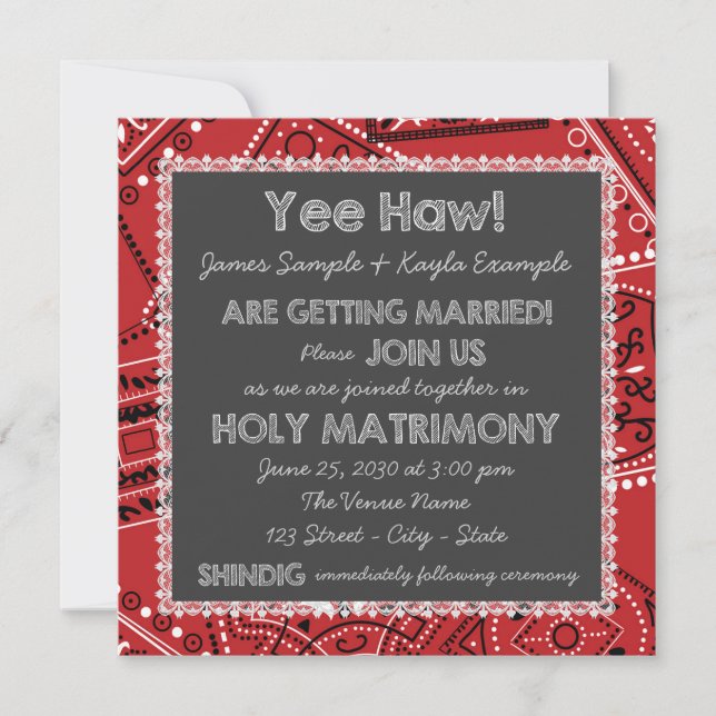 Red Bandanna Rustic Country Chalkboard Wedding Invitation (Front)