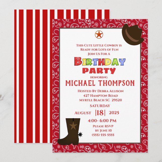Red Bandanna Western Cowboy Birthday Invitation (Front/Back)