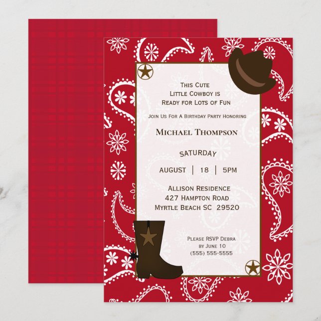 Red Bandanna Western Cowboy Birthday Invitation (Front/Back)