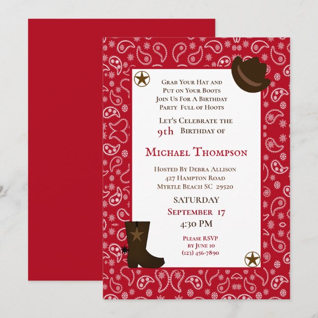 Red Bandanna Western Cowboy Birthday Invitation (Front/Back)