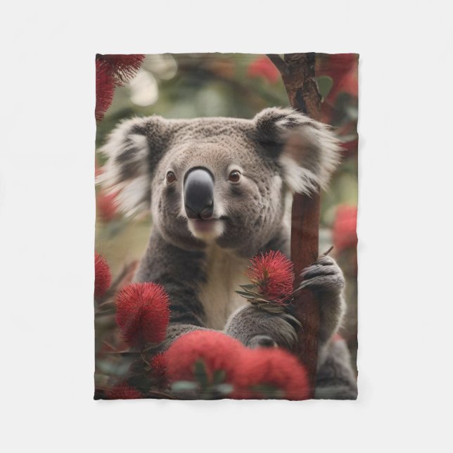 Red Banksia Tree With Koala Bear, Fleece Blanket (Front)