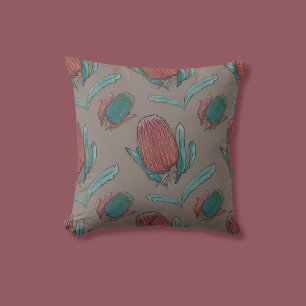 Red Banksia Watercolor - Australian Native Flower Cushion