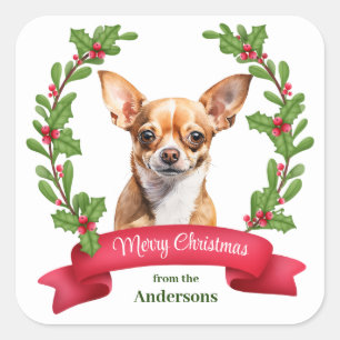 Red Banner Holly Brown Chihuahua Dog Christmas Square Sticker