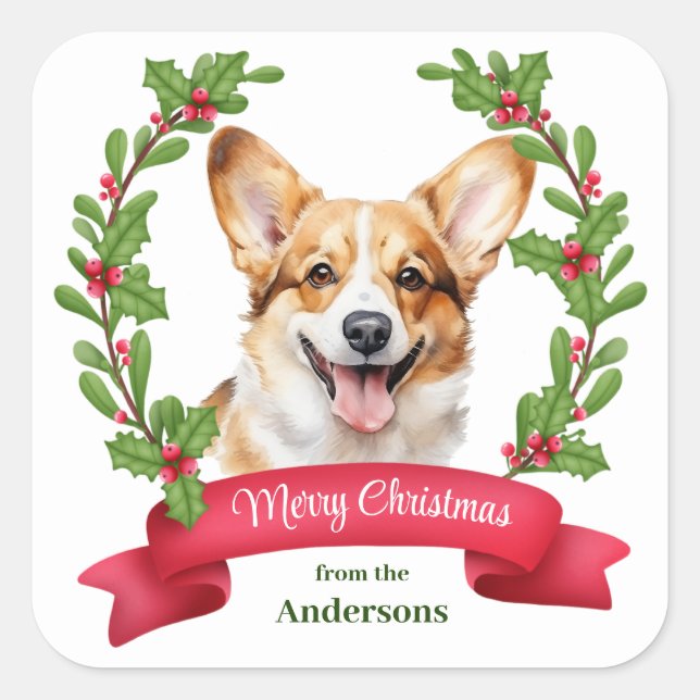 Red Banner Holly Corgi Dog Christmas Square Sticker (Front)