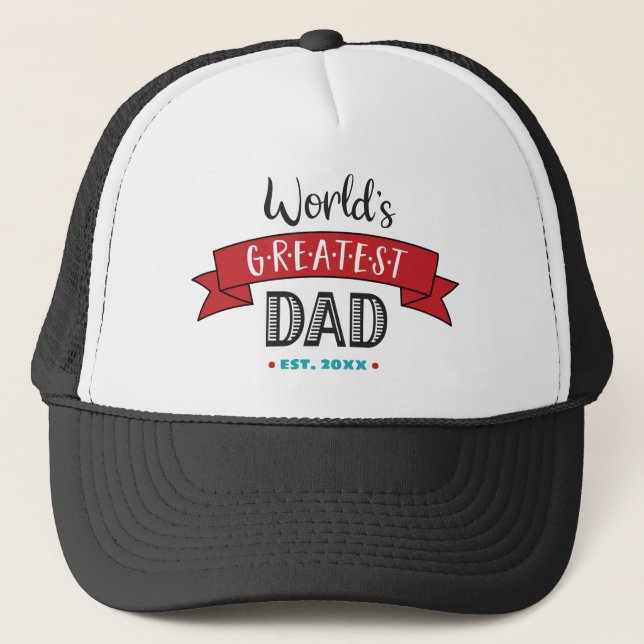 Red Banner Worlds Greatest Dad Typography Modern Trucker Hat (Front)