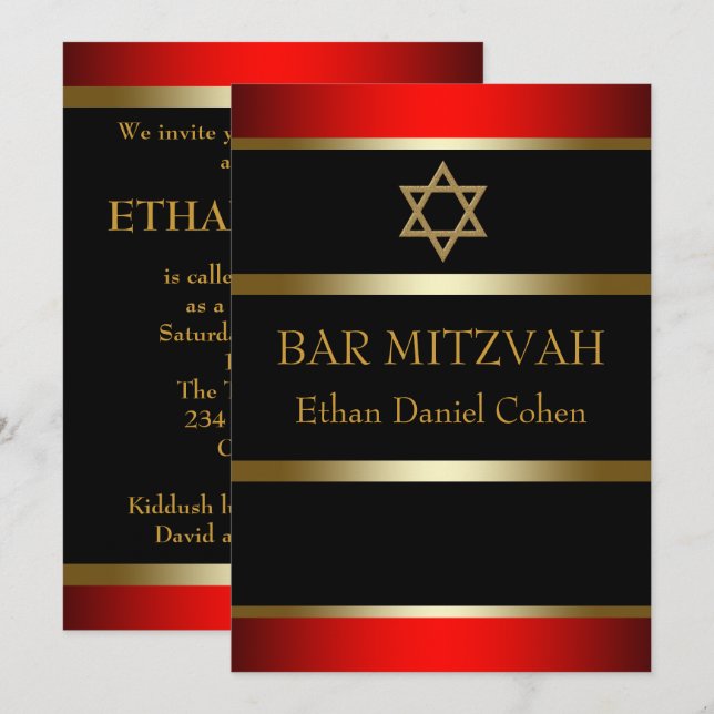 Red Bar Mitzvah Invitations (Front/Back)
