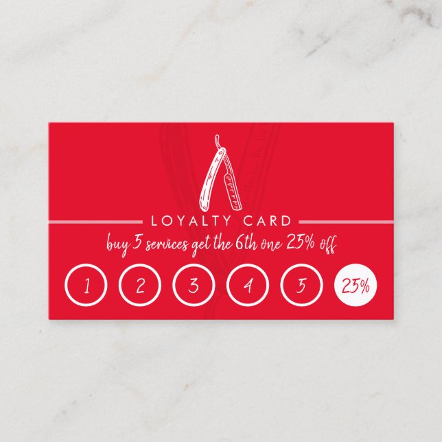 Red Barber Coiffure Hairdresser Discount Loyalty Business Card (Front)