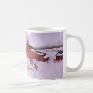 Red barn and farm in heavy winter snow coffee mug
