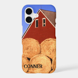 Red Barn and Hay Bales with Name iPhone 17 Case