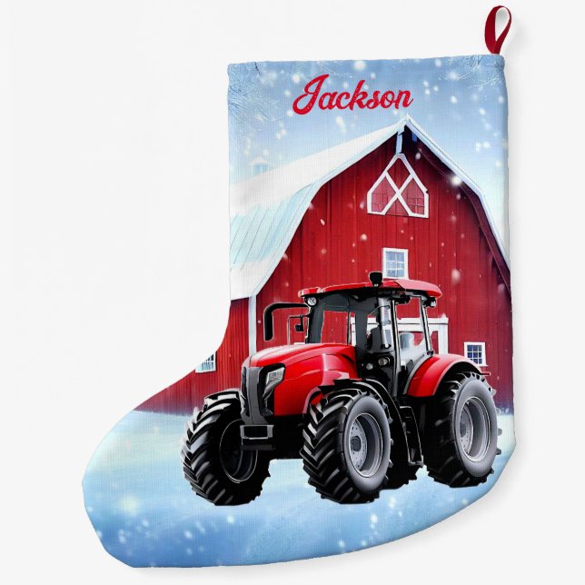 Red Barn and Modern Red Tractor Large Christmas Stocking (Back)