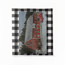 Red Barn and Truck on Plaid Tapestry