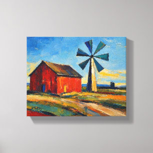 Red Barn and Windmill Abstract art painting Canvas Print