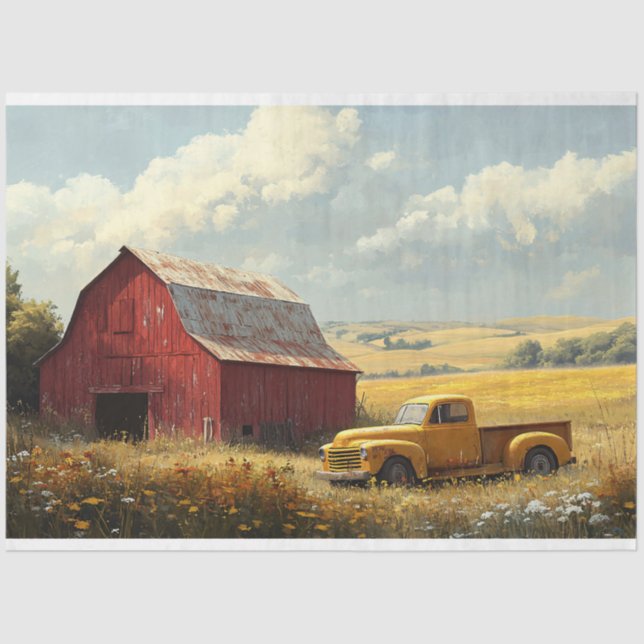 Red Barn Antique Yellow Truck Decoupage Tissue Paper (Front)