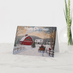 Red Barn at Christmas Holiday Card