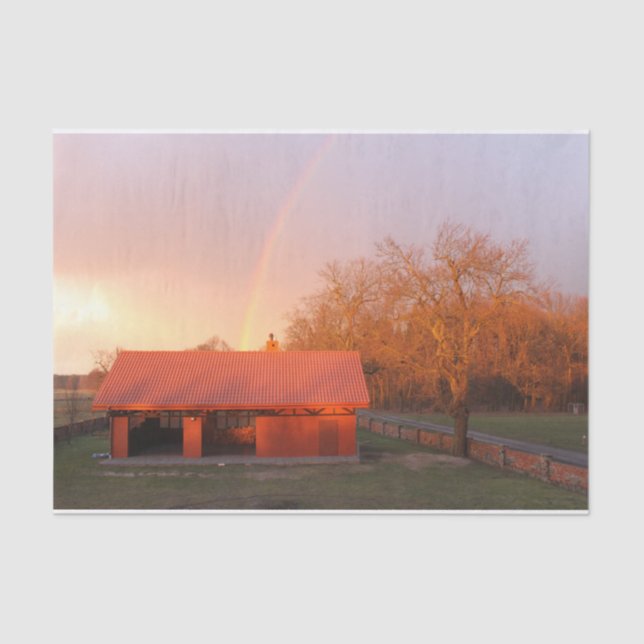 Red Barn Bathed in a Rainstorm's Rainbow Tissue Paper (Front)