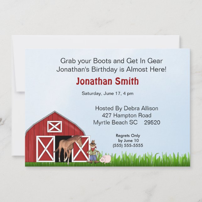 Red Barn Birthday Party Invitation (Front)