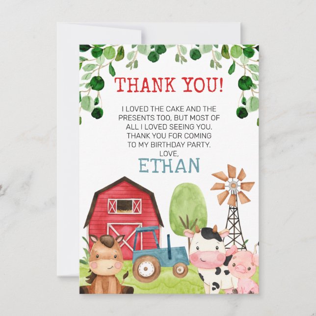 Red Barn Blue Tractor Farm Birthday Thank You Card (Front)