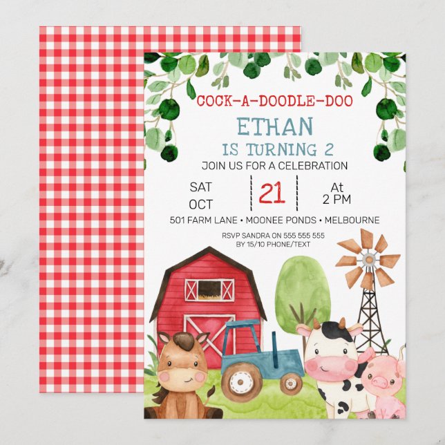Red Barn Blue Tractor Farm Farmyard Birthday Invitation (Front/Back)