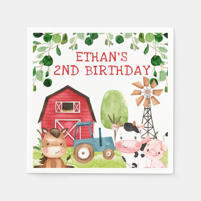 Red Barn Blue Tractor Farm Farmyard Birthday Napkin (Front)
