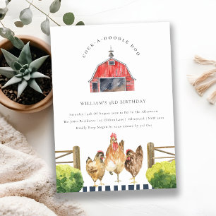 Red Barn Chicken Farm Watercolor Birthday Invite