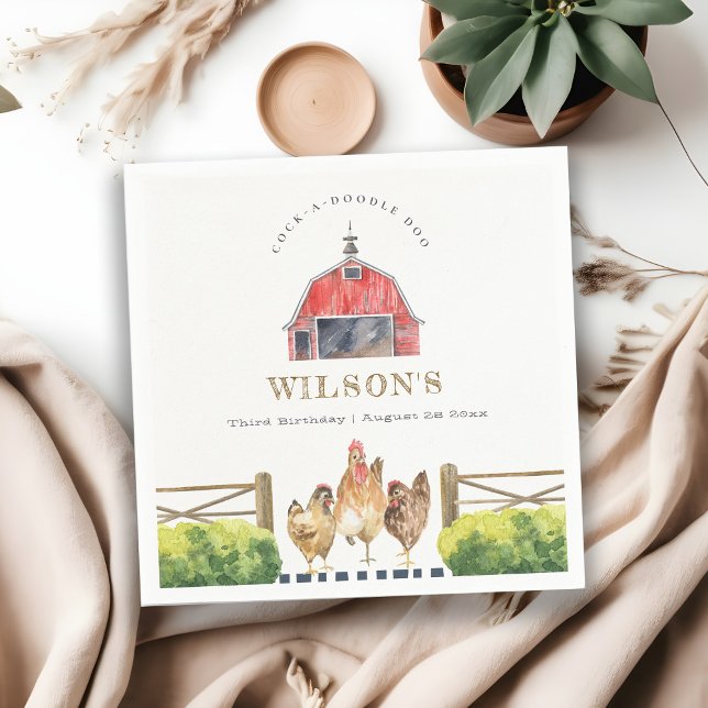 Red Barn Chicken Farm Watercolor Kids Birthday Napkin (Creator Uploaded)