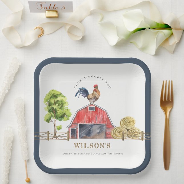 Red Barn Chicken Farm Watercolor Kids Birthday Paper Plate (Wedding)