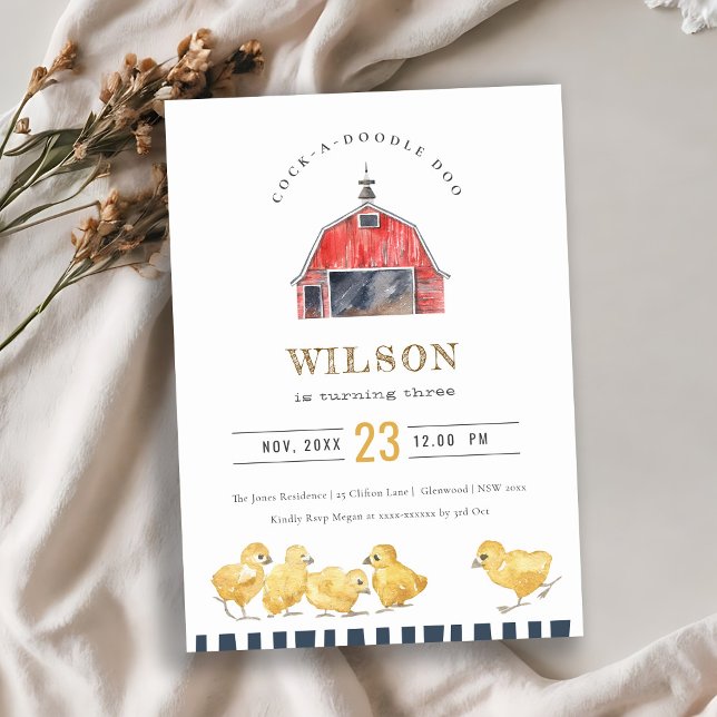 Red Barn Chicks Farm Watercolor Birthday Invite (Creator Uploaded)