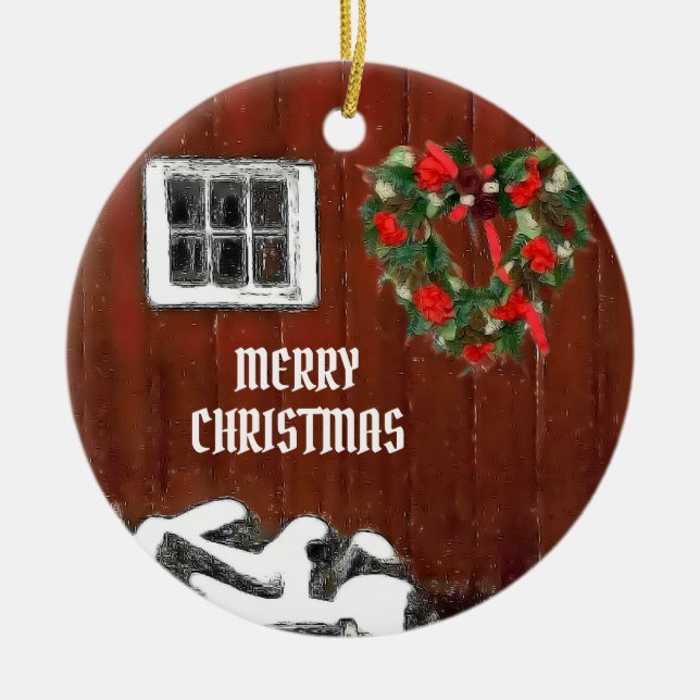 Red Barn Christmas Ceramic Tree Decoration (Front)