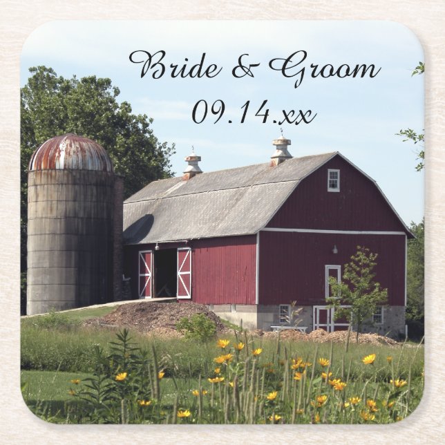 Red Barn Country Wedding Square Paper Coaster (Front)