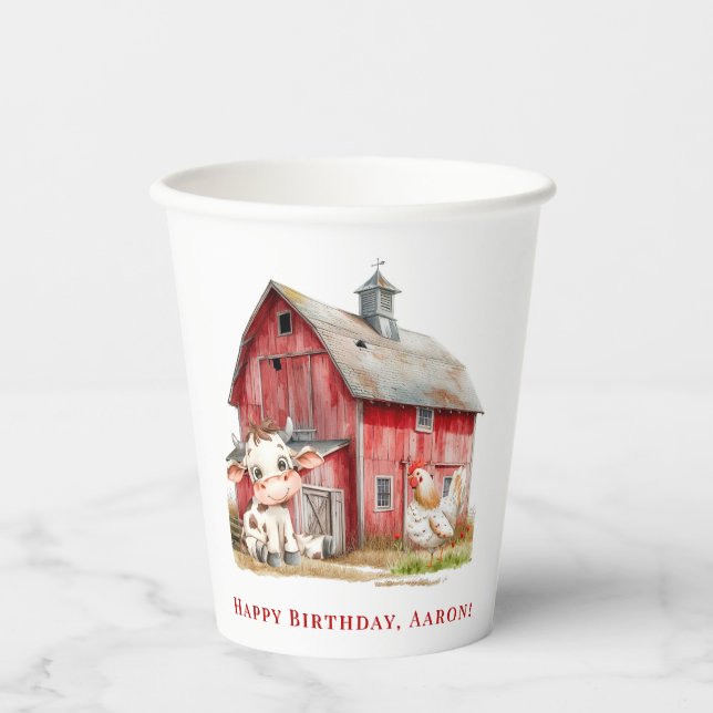 Red Barn Cute Cow and Chicken Boy Birthday Party Paper Cups (Front)