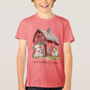 Red Barn Cute Cow and Chicken Boy Birthday Party Tri-Blend Shirt