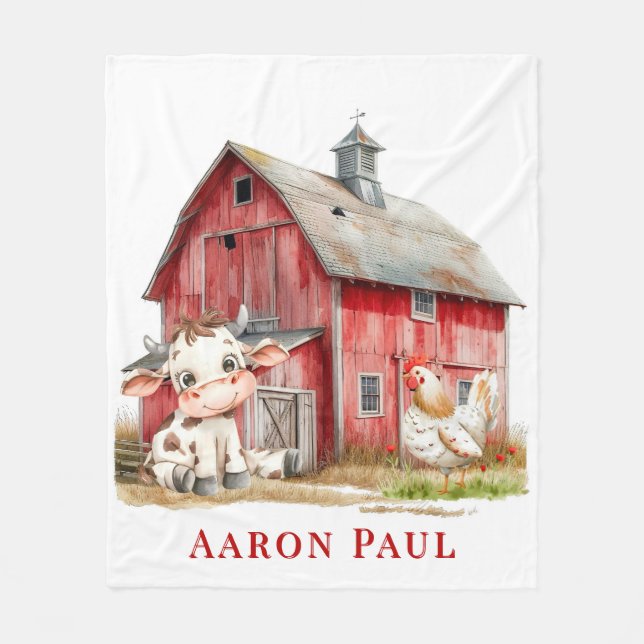 Red Barn Cute Cow Chicken Boy Birthday Party Gift Fleece Blanket (Front)
