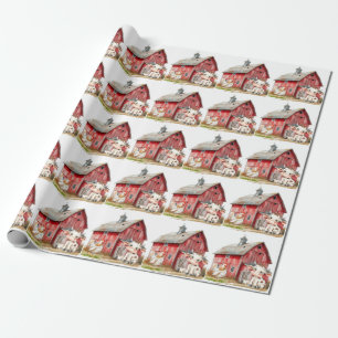 Red Barn Cute Cow Chicken Boy Birthday Party Gift Wrapping Paper