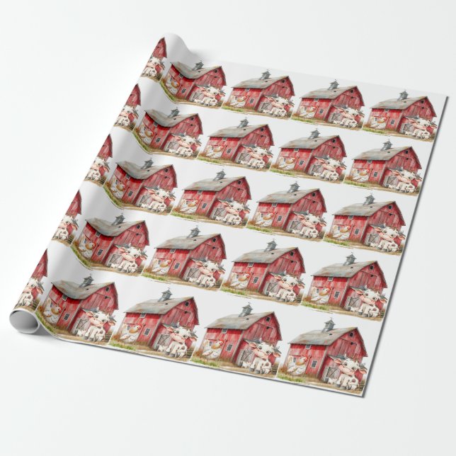 Red Barn Cute Cow Chicken Boy Birthday Party Gift Wrapping Paper (Unrolled)