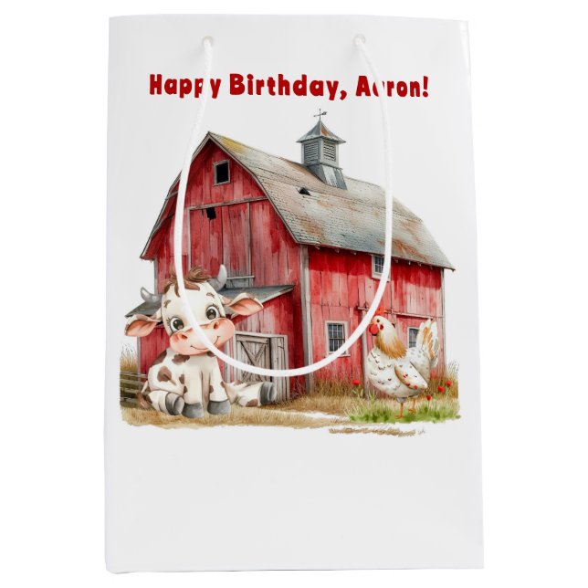 Red Barn Cute Cow Chicken Boy Birthday Party  Medium Gift Bag (Front)