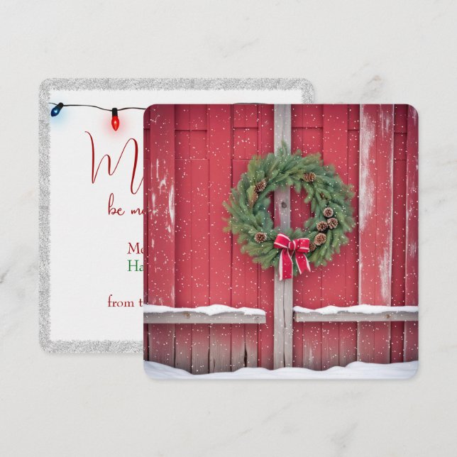 Red Barn Door With Christmas Wreath In Snowflakes Holiday Card (Front/Back)