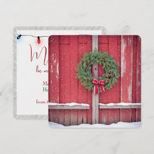 Red Barn Door With Christmas Wreath In Snowflakes Holiday Card