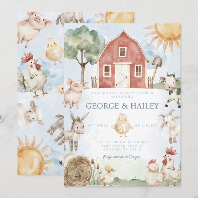 Red Barn Farm Animal Baby Shower Invitation (Front/Back)