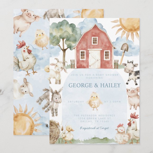Red Barn Farm Animal Baby Shower Invitation (Front/Back)
