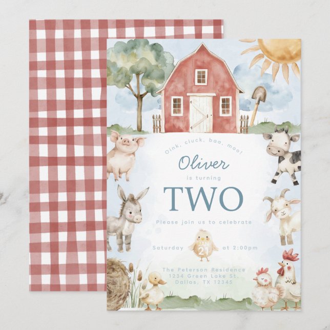Red Barn Farm Animal Birthday Party Invitation (Front/Back)