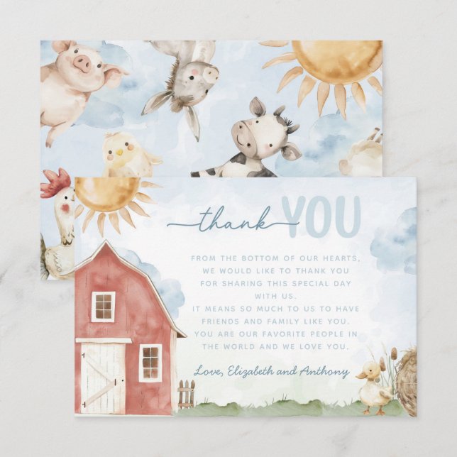Red Barn Farm Animal Thank You Card Letter Note (Front/Back)