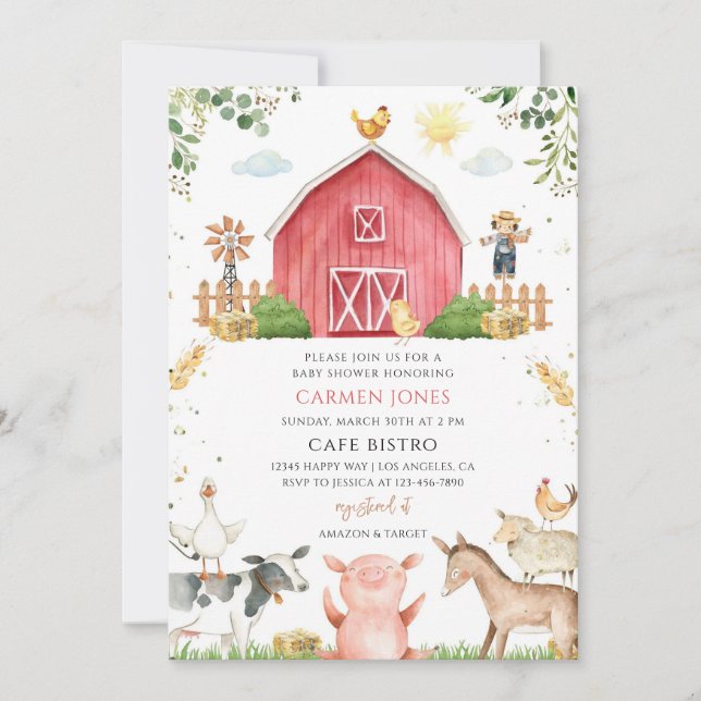 Red Barn Farm Animals Baby Shower Invitation (Front)