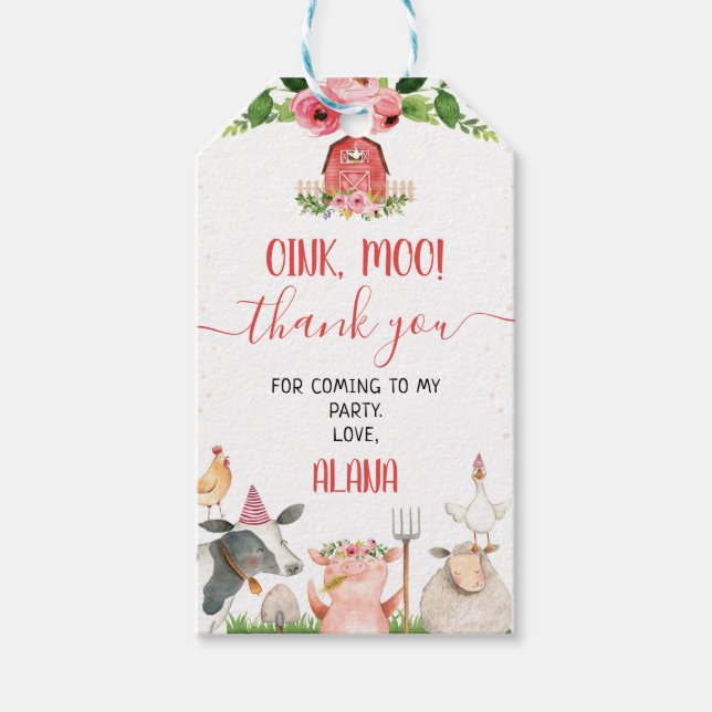 Red Barn Farm Animals Birthday Thank You Tag (Front)