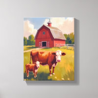 Red Barn Farm Animals Cow Painting