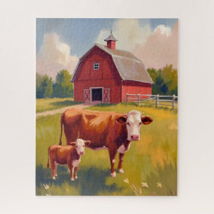 Red Barn Farm Animals Cow Painting Jigsaw Puzzle