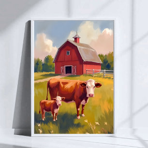 Red Barn Farm Animals Cow Painting Poster