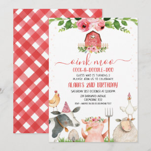 Red Barn Farm Animals Foliage Birthday Invitation