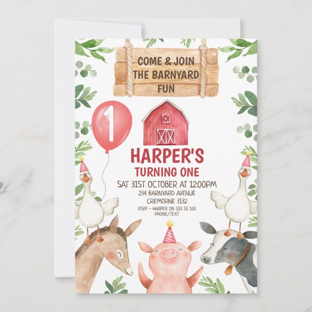Red Barn Farm Barnyard Fun Birthday Invitation (Front)