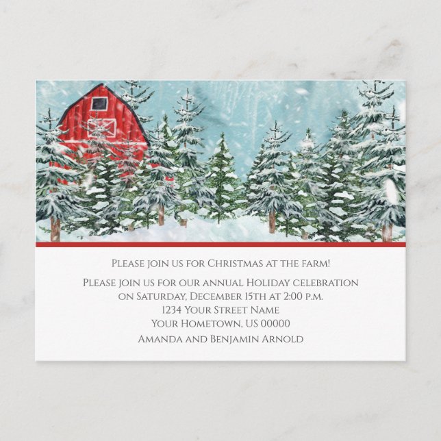 Red Barn Farm Christmas Holiday Party Invitation Postcard (Front)
