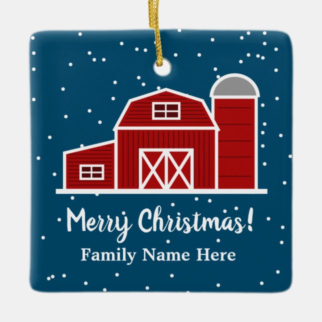 Red barn farm house in snow custom Christmas Ceramic Ornament (Front)